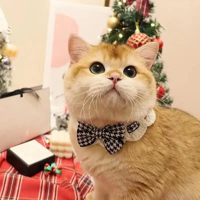 Red Checkered Houndstooth Pet Collar Bib Water Towel Knitted Collar Decoration Used for Small Pets Bow Tie Accessories