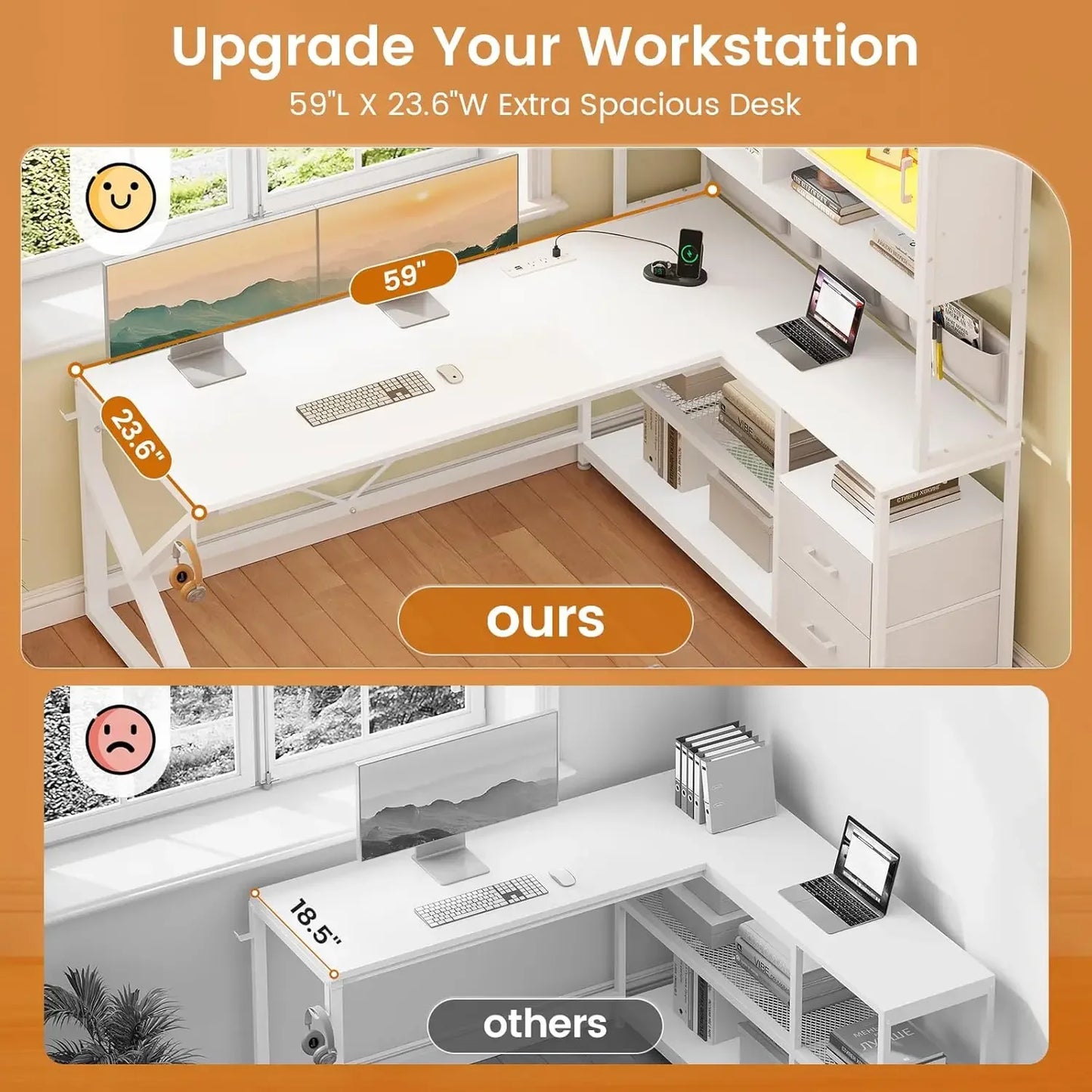 L Shaped Gaming Desk, Home Office Computer Desk with 2 Drawer and Bookshelf, L Shaped Gaming Corner Desk with LED Light