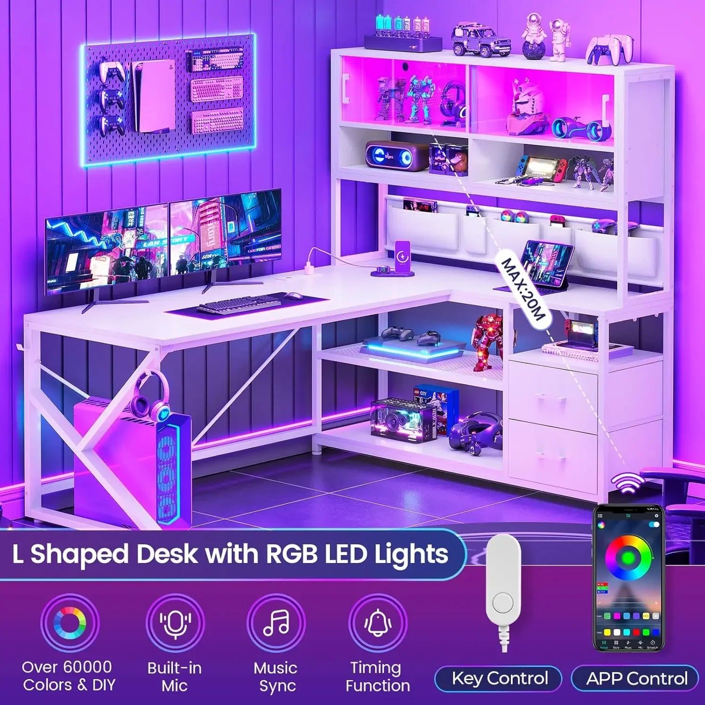 L Shaped Gaming Desk, Home Office Computer Desk with 2 Drawer and Bookshelf, L Shaped Gaming Corner Desk with LED Light