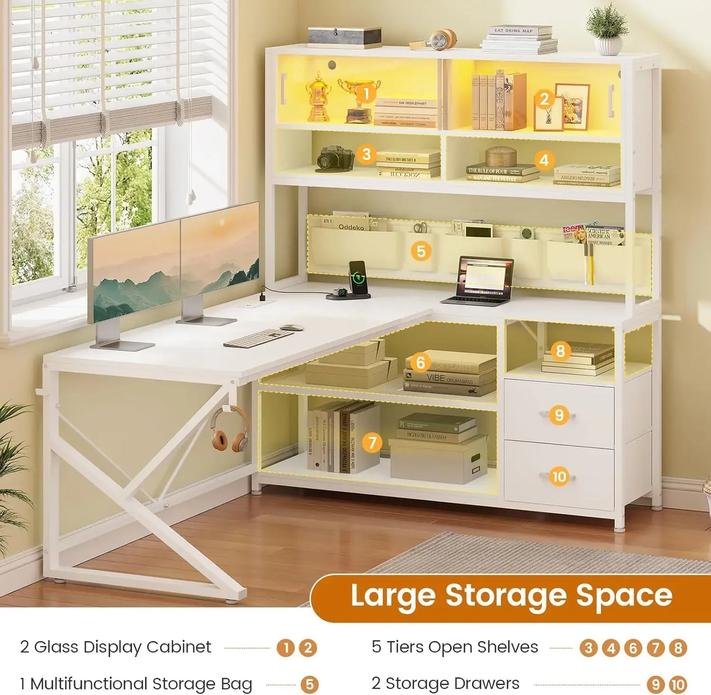 L Shaped Gaming Desk, Home Office Computer Desk with 2 Drawer and Bookshelf, L Shaped Gaming Corner Desk with LED Light