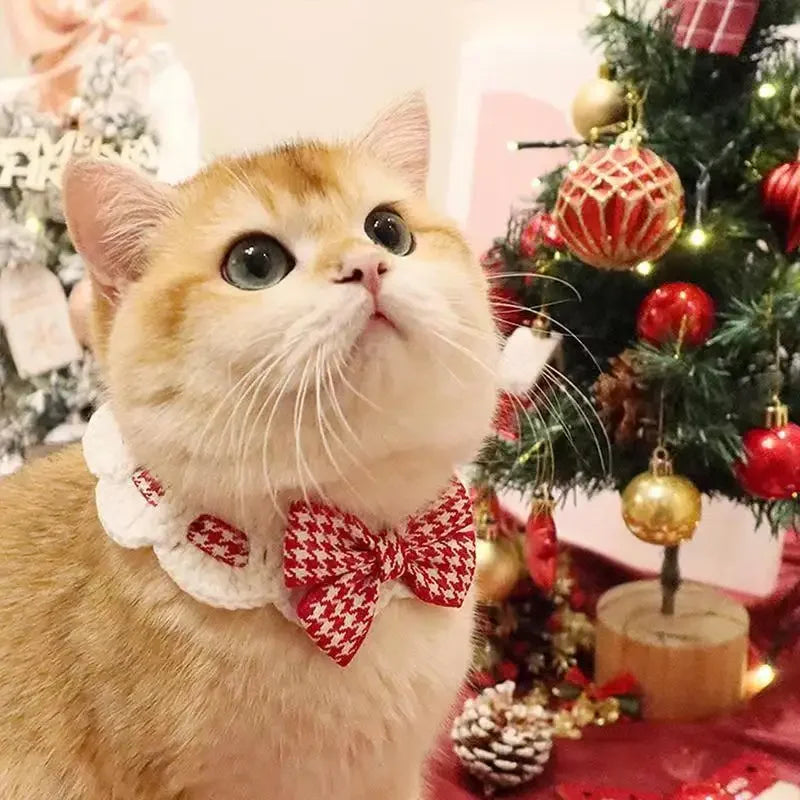 Red Checkered Houndstooth Pet Collar Bib Water Towel Knitted Collar Decoration Used for Small Pets Bow Tie Accessories