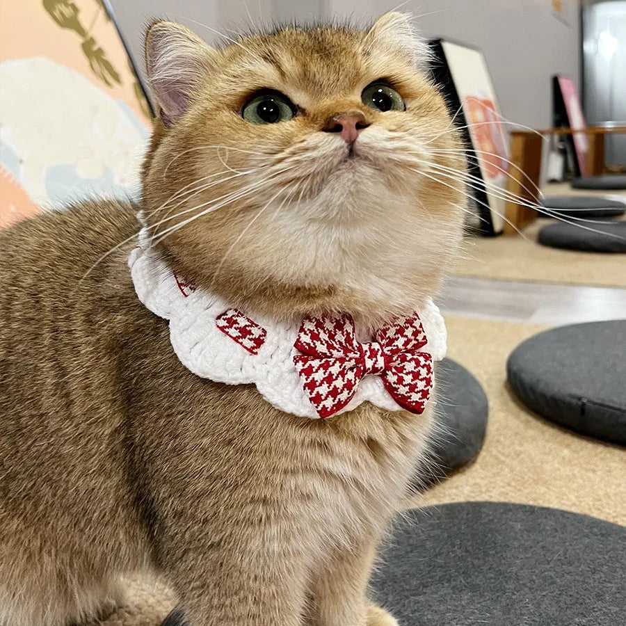 Red Checkered Houndstooth Pet Collar Bib Water Towel Knitted Collar Decoration Used for Small Pets Bow Tie Accessories