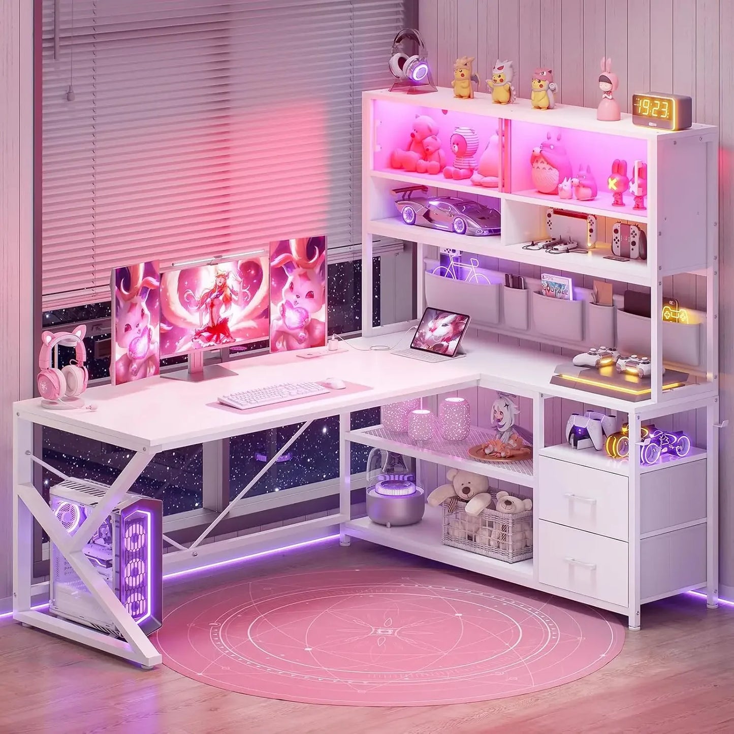 L Shaped Gaming Desk, Home Office Computer Desk with 2 Drawer and Bookshelf, L Shaped Gaming Corner Desk with LED Light