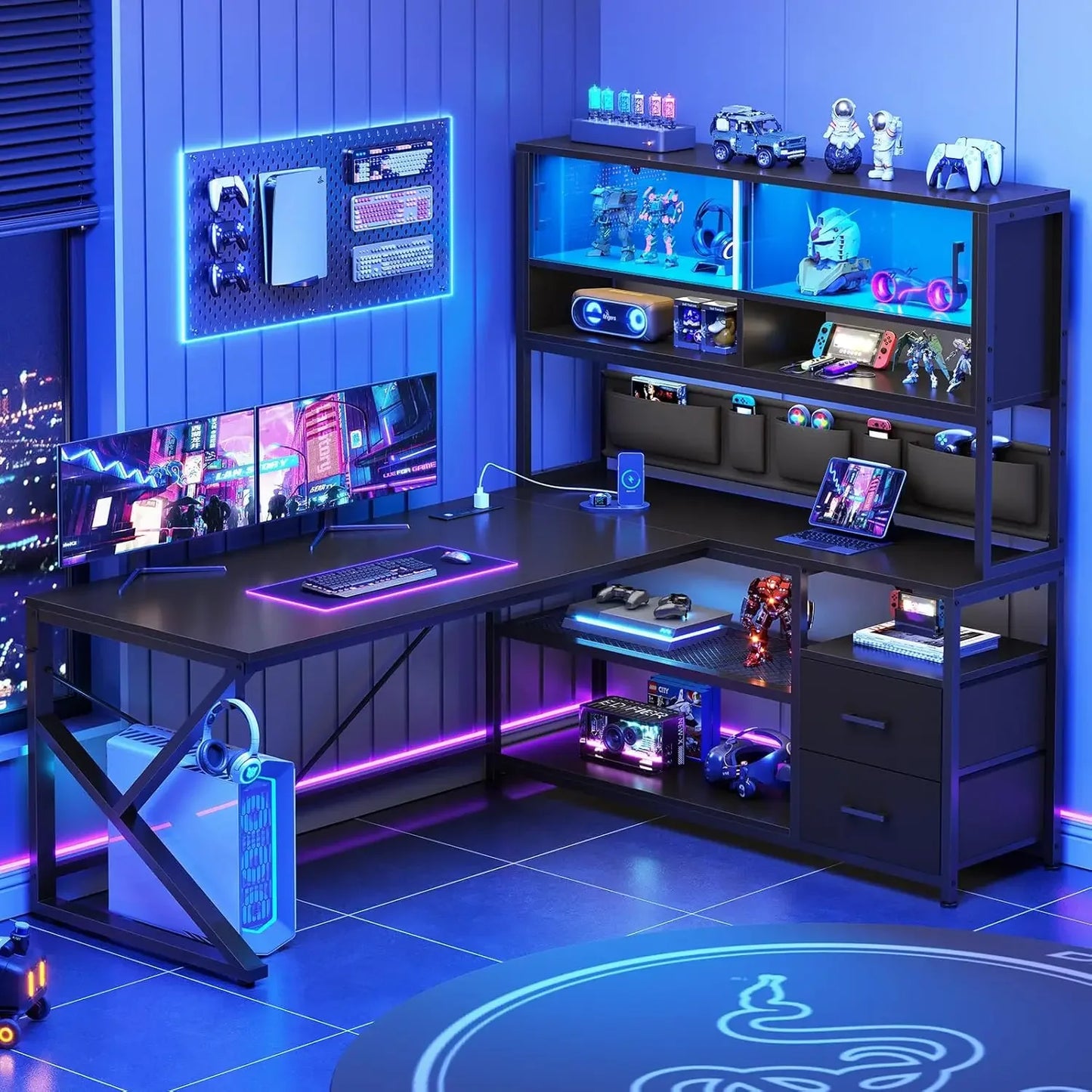L Shaped Gaming Desk, Home Office Computer Desk with 2 Drawer and Bookshelf, L Shaped Gaming Corner Desk with LED Light
